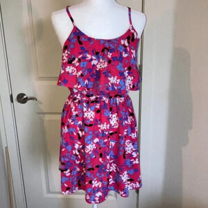 Elle Sundress Large Pink Purple Floral Print Ruffled Cute Casual Dress Summer